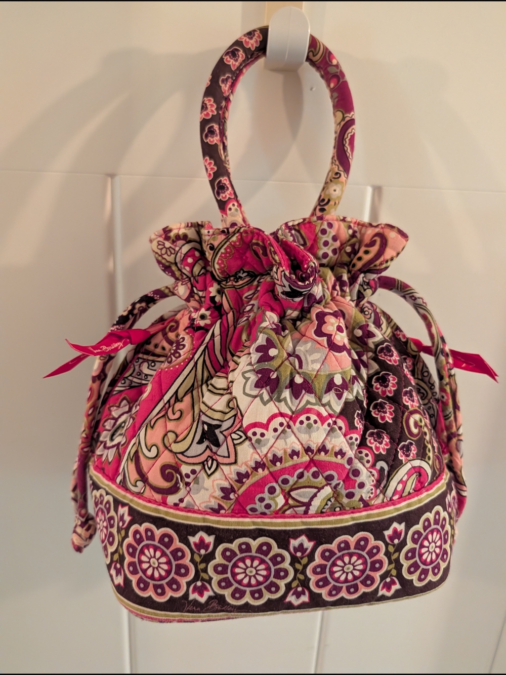 Vera Bradley Pink Paisley Quilted Drawstring Handbag
